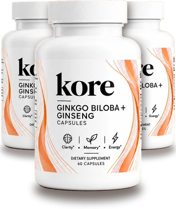 Three bottles of KORE Ginkgo Biloba + Ginseng capsules