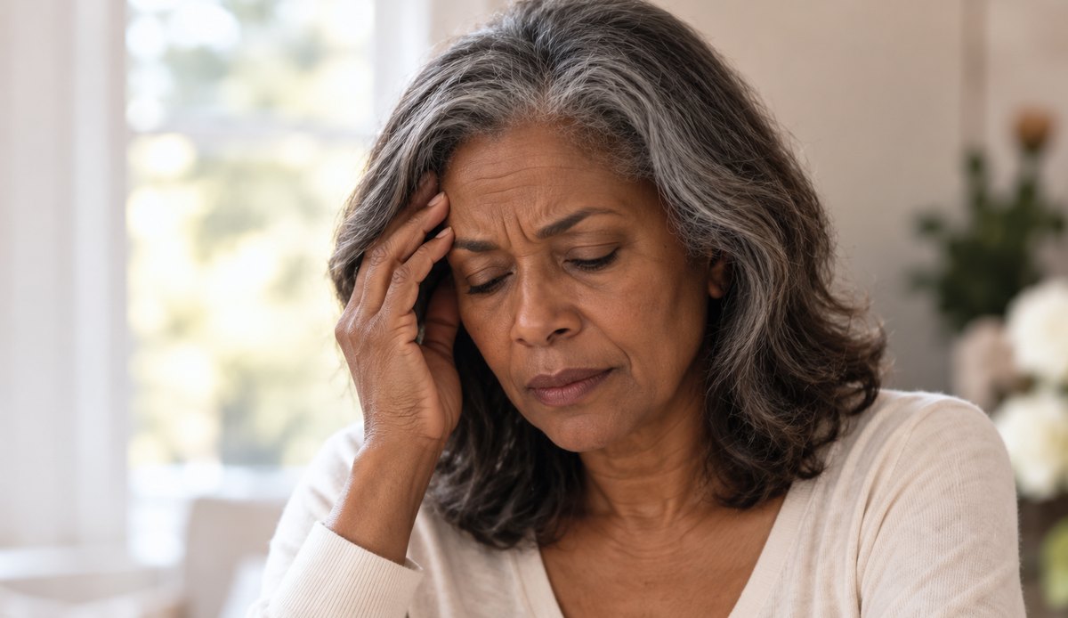 Woman at her kitchen table, hand to her temple, trying to hold a thought